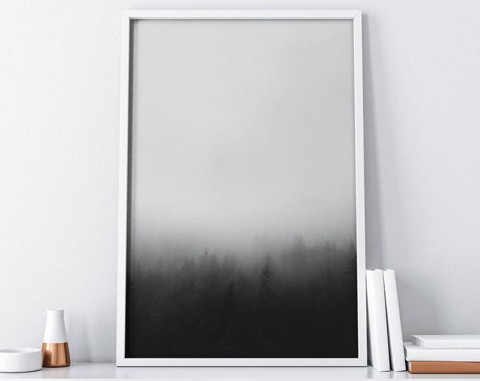 Forest Printable Art| Foggy Mountain Printable Art| Nordic Black and White Minimalist Poster| Tumblr Room Decor| Wall Art| Christmas Decor