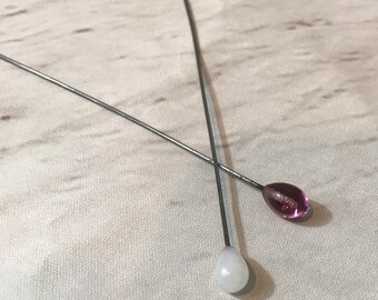 2 Vintage Hat Pins - Purple and White Tear Drop Glass Design Hat Pin - Round Glass Decorative Hat Pin - Fashion Hat Pins 5" and 4 1/2"