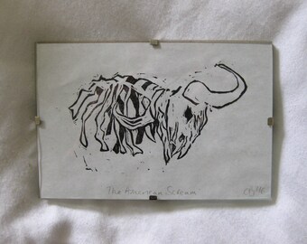 Handprinted lino block print - 'The American Scream' - black and white