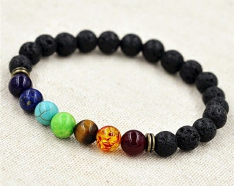 Aromatherapy Chakra Stretch Bracelet, Lava Bead Aromatherapy Bracelet, Chakra Healing, Essential oil, Reiki, Yoga, Spiritual Healing