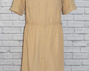 Size 14 vintage 80s button short sleeve midi day dress high neck camel (ID18)