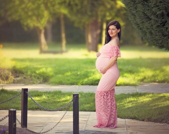 Pink maternity dress with lace sleeves and lace bottom (size M - L, Uk 10 - 12)