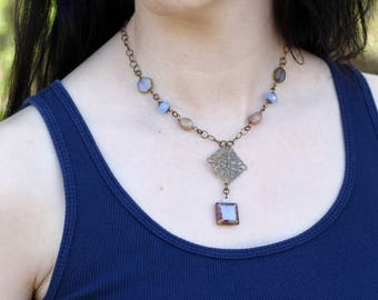 Czech Glass and Antique Brass Plated Necklace - FJ 75