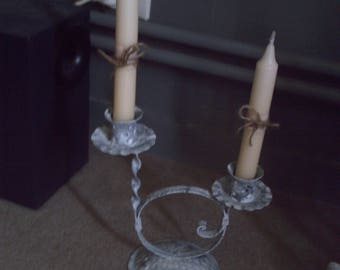 set of two white patina candle holders