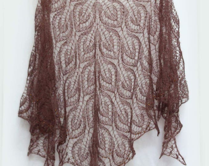 Knitted shawl, brown shawl, knit shawl with beads, knit scarf, knitted scarf, mohair shawl, openwork scarf, hand knit shawl, crochet shawl