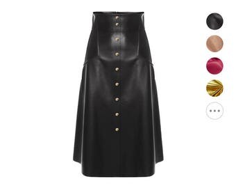 Long Maxi Leather Flared Button Skirt - Black, Red, Pink, Nude, Tan, Brown etc