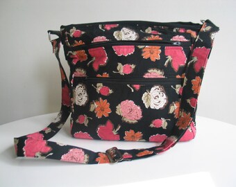 Handbag, Shoulder Bag, Cross body bag with adjustable strap, black, floral, pink