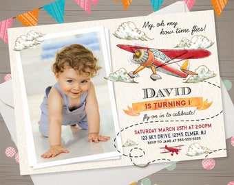 Airplane Birthday Invitation with PHOTO Retro Airplane Invitation Vintage Airplane Invite Time Flies Invitation First Birthday Invitation