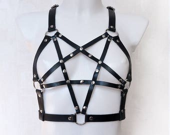 Pentagram harness, harness, leather harness, top harness, women harness, body harness, leather harness women, black harness
