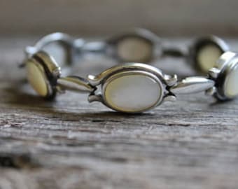 Vintage Sterling Silver Bracelet, Sterling Silver Bracelet, Mother of Pearl Bracelet, Free Shipping