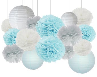 16pcs Boy Baby Shower Decorations Baby Blue Grey White Mixed Tissue Pom Poms Paper Lantern Party Favors Wedding Birthday Paper Decorations