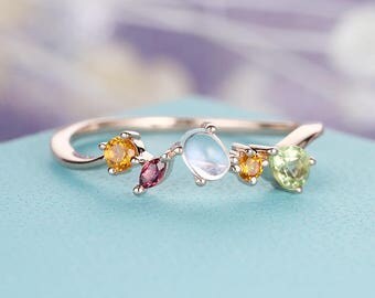 Moonstone engagement ring peridot Cluster Ring pink tourmaline wedding Yellow crystal Rainbow rose gold Dainty Half eternity Birthstone