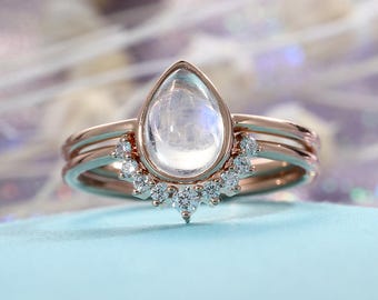 Moonstone Engagement Ring Rose Gold Vintage Delicate Minimalist Diamond Wedding Bridal jewelry Simple Pear Shaped Cut Stacking Alternative