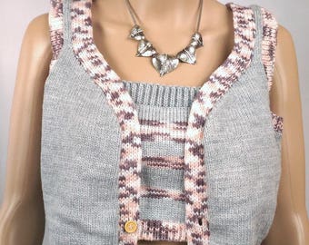 Vest-woman-size 38-Top - made knit hand - made in France-pink gray - 0062