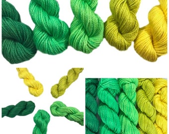 Hand Dyed Yarn - Yellow Green Gradient Kit - Semi Solids - Tonals - 3 Ply - Plant Based - DK Light Worsted - Bamboo Cotton - Soft Baby Yarn