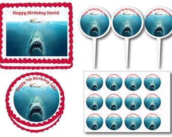 Jaws Shark Birthday Party Edible Cake Cookie Toppers or Plastic Cupcake Pick Stickers Decoration Baking Supply