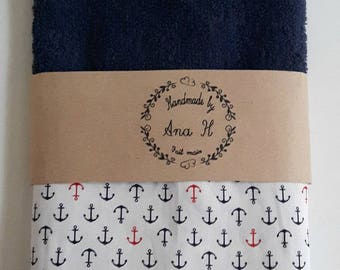 Towel guest with lace, vintage crochet, blue towel with marine pattern, hand towel with blue lace pattern Japanese fabric