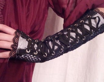 Fingerless gloves, arm warmers Black Lace decorated with Black Lace
