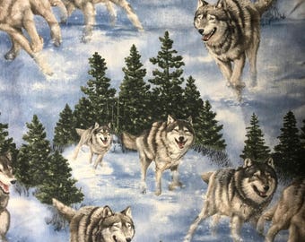 Cranston Village / 100% Cotton Quilting Fabric /Husky Arctic Scene /Dogs Pine Trees and Snow in Backgound /Sold by the Yard