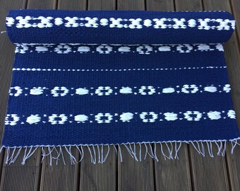 Blue and white cotton floor runner, Scandinavian design rug, 80 x 152 cm, Scandinavian floor runner, washable, handwoven, ready to ship