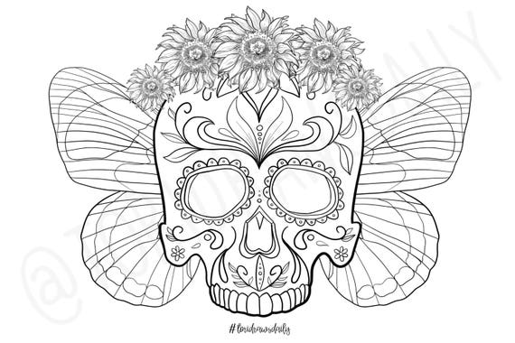 Download Skull Flower Crown with Butterfly Wings COLORING PAGE