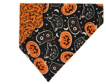 Halloween Dog Bandana –Jack-o-lanterns, Cats & Owls–Reversible–Slides on Collar