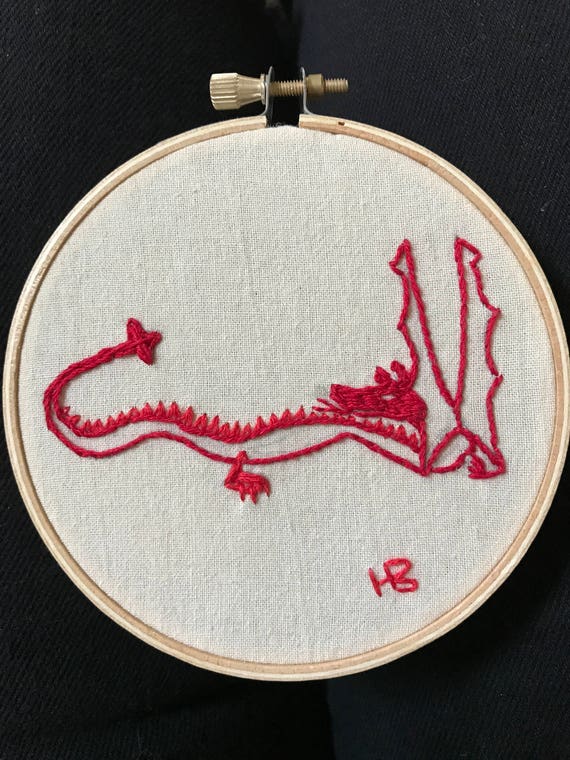 Smaug Original Tolkien Drawing Red thread embroidery