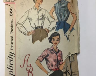 Vintage Simplicity 1950s Misses and Womens Blouse and Transfer Sewing Pattern #2195 Size 12 Bust 32