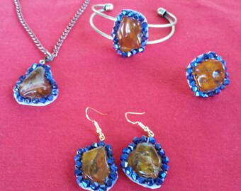 Jewelry Set, art nouvaue, blue, amber, amber stones, amber necklace with pendant, earrings, amber earrings, amber ring, handmade, exclusive.