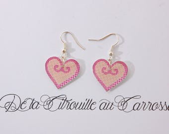Earrings heart, hot pink and pale pink, plaid and polka dots