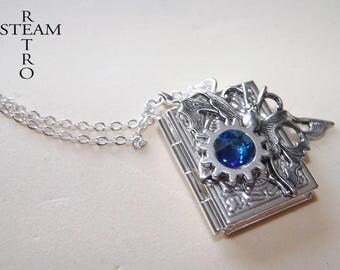 Steampunk necklace, Locket necklace Steampunk Butterfly locket - steampunk locket - silver locket by steamretro book - blue