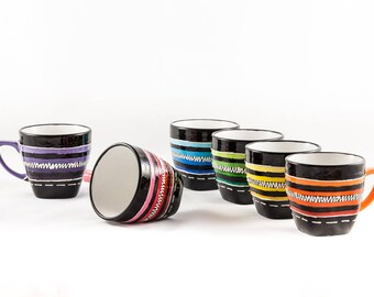 Set of 6 20 cl porcelain coffee cups hand painted different colors