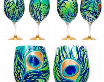 Peacock Feather Hand Painted Wine Glasses Set of 2 Peacock Wine Glasses Unique Gift Wedding Gift Anniversary Engagement Gift