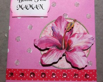 Card happy birthday MOM 3D pink hybiscus