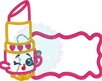 Shopkins Lipstick Inspired name tag machine embroidery applique design Instant Download
