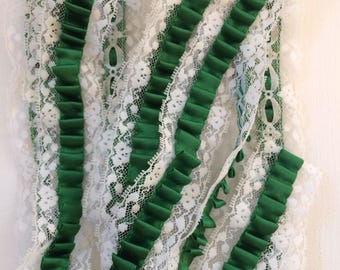 White Lace With Green Pleated Ribbon Trim 1.5" Wide-25