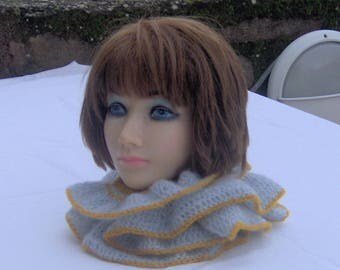 Mustard and grey crochet ruffled scarf