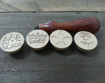wax seals stamps,one wood hand, copper heads(Rose, Palace, Crown, Iris) 4 pieces