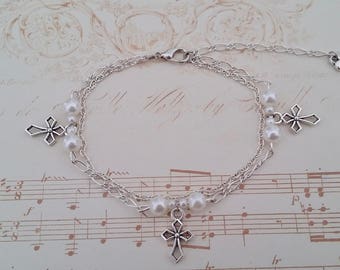 Bracelet réglable croix couleur argent Jésus chrétien Dieu cadeau bracelet croix argent chaine argent amour croyant perle blanche coeur