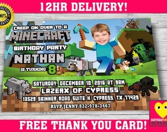 Minecraft Birthday Invitation with Custom Face Photo and FREE Thank you card! (Not an Official Minecraft Product)