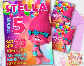 Trolls Poppy invitation. Trolls party invitation for girl. Poppy birthday invitation. Trolls rainbow invitation. Trolls birthday invitation