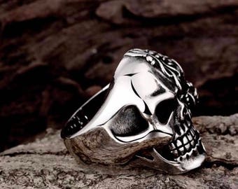 Silver Biker Ring, Skull Ring, Punk Rock Stainless Steel Ring, Red Eye Gothic Jewelry Ring, Heavy Metal, Goth Biker Size 8,9,10,11 Imani