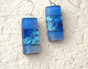 Shaded Blue Earrings, Dichroic Earrings, Dichroic Jewelry, Dangle Drop Earrings, Fused Glass Leverback Earrings, ccvalenzo, 080817e100aa
