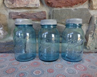 Vintage Lot of 3 Blue Aqua Ball Perfect Mason Quart Canning Jars w/Zinc Lids #L3