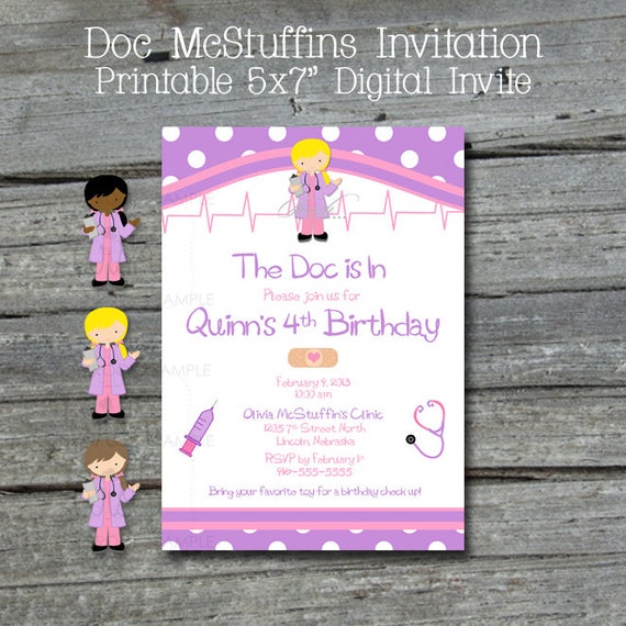 Doc McStuffins Printable Birthday Invitation | Doctor Party Invite | Blonde Brunette African American | 5x7 digital download | Printable Il_570xn