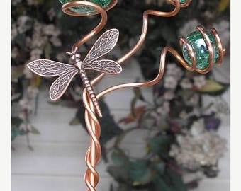 FLASH SALE Dragonfly/Butterfly Garden Plant Stake - Metal Sculpture - Glass Copper Art - Yard Lawn Outdoor Pond Decor Green