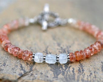 Oregon Sunstone, Rainbow Moonstone Gemstone Bracelet, Gemstone Stacking Bracelet, Handmade Sunstone and Moonstone Jewelry