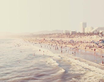 Los Angeles photography, Santa Monica beach photo, pale icy blue foamy waves, summer west coast vacation, California seaside, La La Land