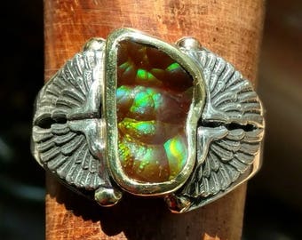 FIRE AGATE RING, Sterling Silver, 18k Gold, Sz 8.75 Handmade, ooak