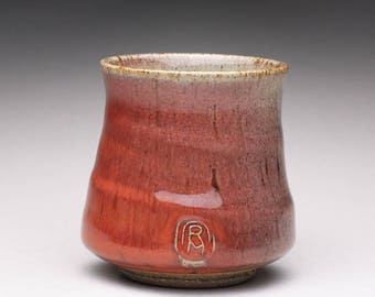 handmade ceramic cup, yunomi, pottery tea cup with bright red and green celadon glazes